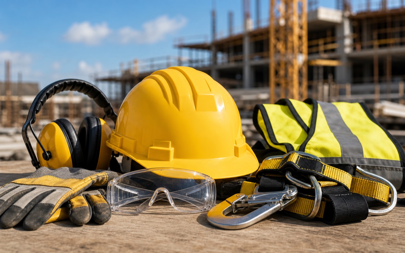 Capacete, luvas, óculos e cinto de segurança em canteiro de obra